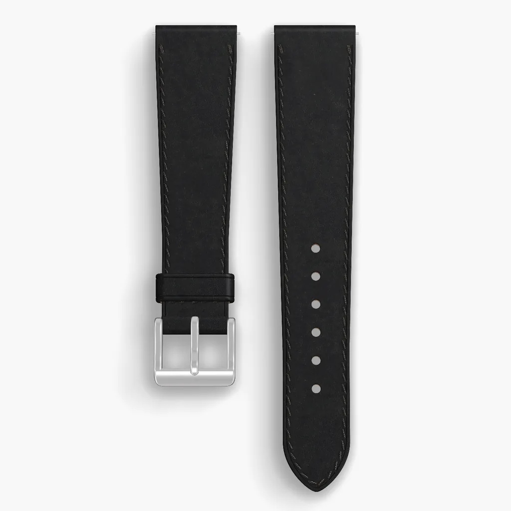 Black Dublin Lined Watch Strap - handmade Horween leather, both halves grain side up, with the buckle fitted