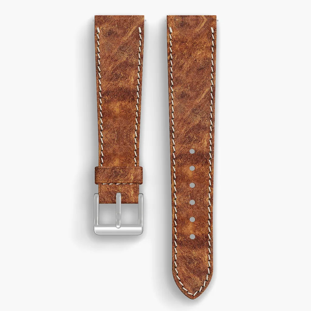 Copper Derby Lined Watch Strap - handmade Horween leather, both halves grain side up, with the buckle fitted